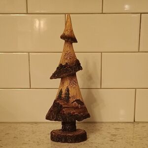 Rustic Carved Brown Holiday Tree Decor With Cabin, Snowflakes, Holly.